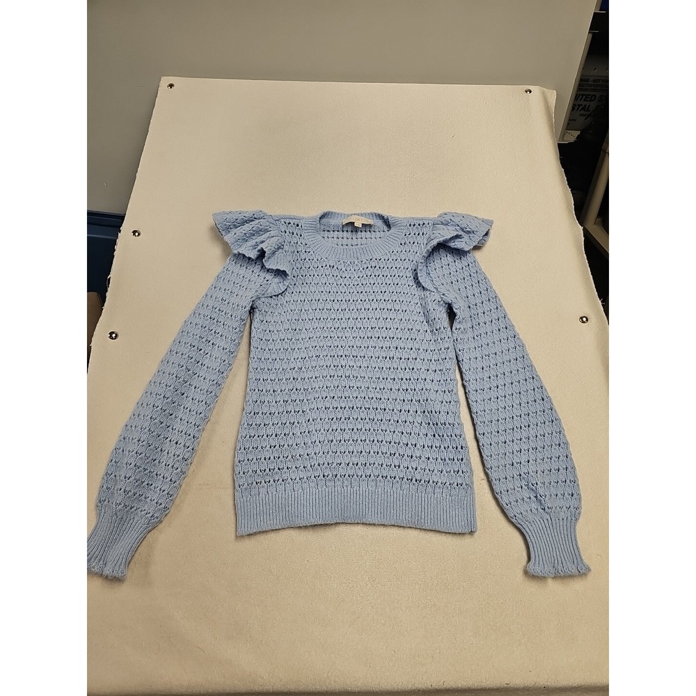 Ann Taylor Loft Sweater Womens Med Blue Ruffle Shoulder Crochet See Through